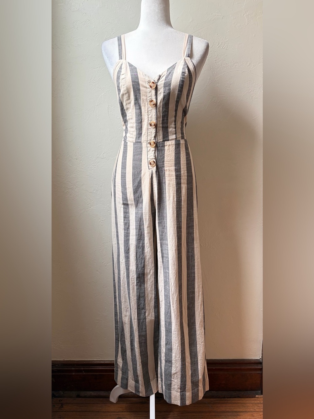 Japna Cream Gray Striped Tie Back Wide Leg Jumpsuit Linen Blend Small